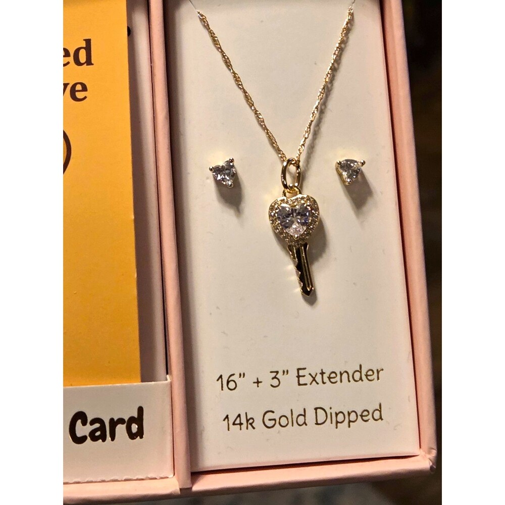 Taylor Grace CZ Heart Key Pendant Necklace & Earrings Set Gold Extender